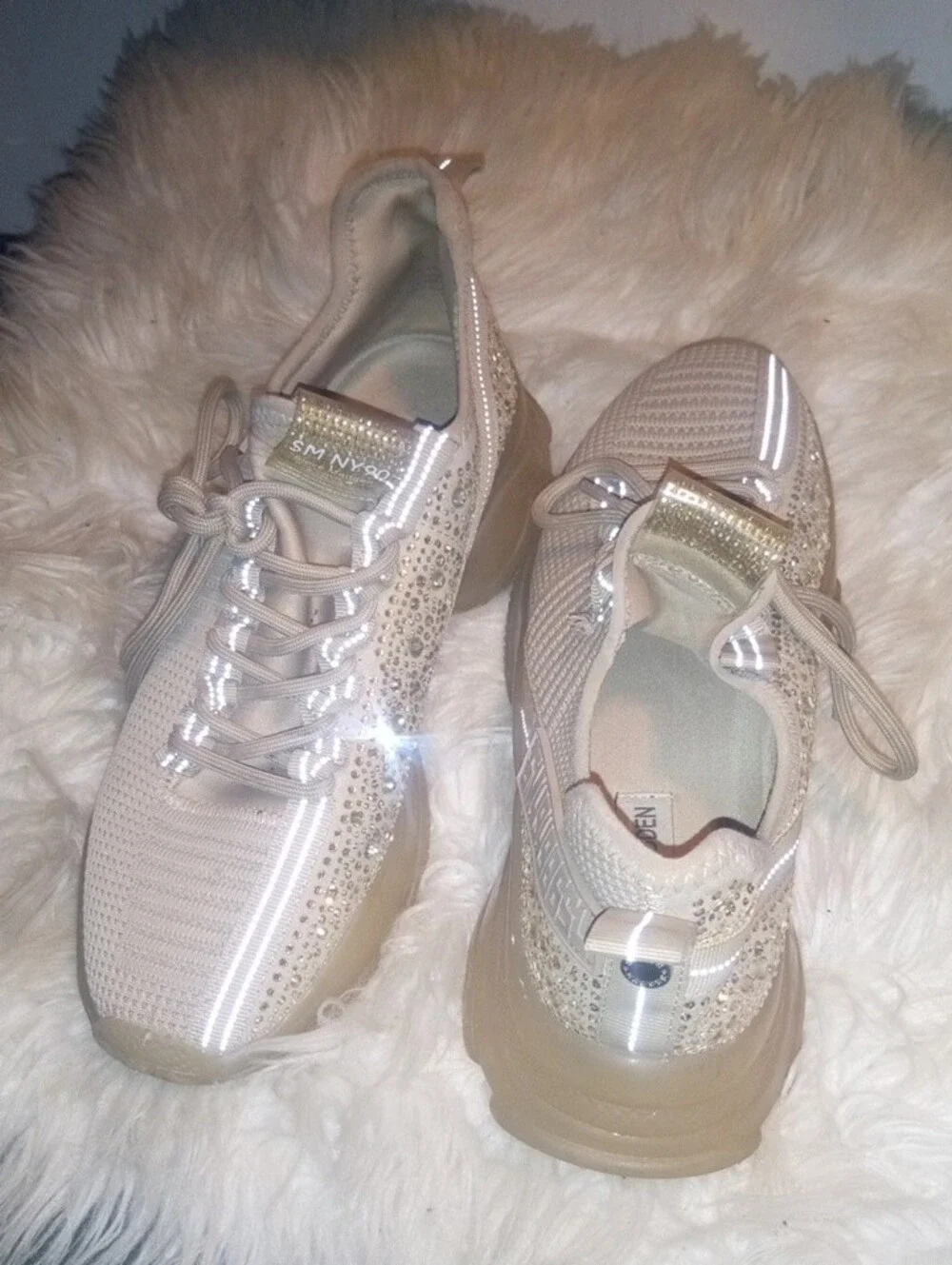 Steve Madden Beige Knit Sneaker with Rhinestone Accent